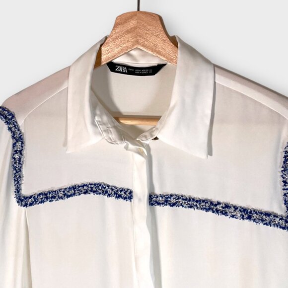 Zara White Button Up Shirt / Top Sz MEDIUM Blue Contrasting Trim Embellishment - Picture 3 of 6